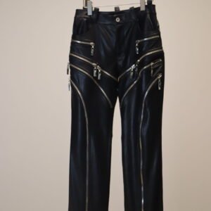 Black Multi-Zip Decorative Slightly Flared Leather Pants
