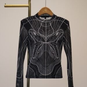 Black and White Line Mesh Print Fitted Long-Sleeve Top