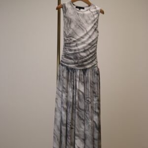 Sleeveless Waist-Cinching Marble-Print Long Dress