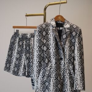 Snake-Patterned PU Blazer & Shorts Set