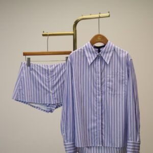 Blue-and-White Striped Loose Long-Sleeve Shirt + Shorts Set