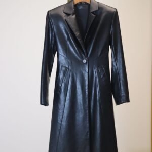 Black Waist-Cinching Long Leather Coat