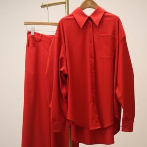 Vibrant Red Women's Shirt & Wide-Leg Pants Set
