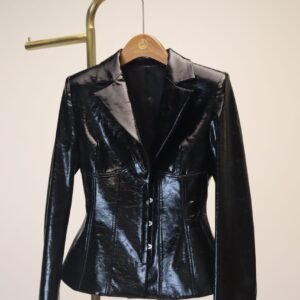 Black Shiny Leather Waist-Cinching Blazer
