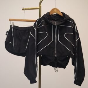 Functional-Style Black & White Striped Hooded Cropped Jacket + Shorts Set