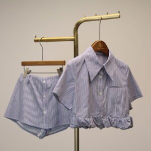 Blue-and-White Striped Pointed-Collar Cropped Shirt + Shorts Set