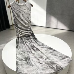 Sleeveless Waist-Cinching Marble-Print Long Dress