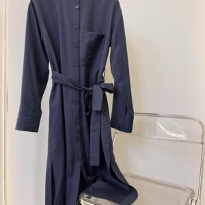 Navy Blue Stand-Collar Tie-Waist Shirtdress