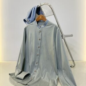 Light Gray Stand-Collar Blue-Trimmed Men's Shirt