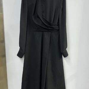 Solid Black Stand-Collar Waist-Ruffle Long-Sleeve Dress