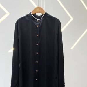 Black Stand-Collar Men's Shirt with White Trim