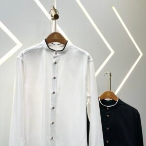 White Stand-Collar Men's Shirt Black Trim
