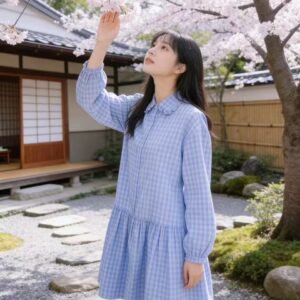 Blue-and-White Checkered Ruffled-Collar Shirtdress