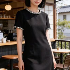Jet Black Pearl-Trimmed Short-Sleeve Dress