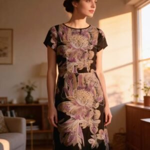 Mesh & Bugles Beaded Embroidered Short-Sleeve Dress