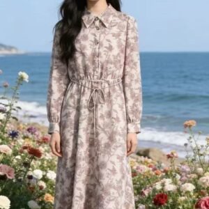 Beige-Brown Vintage Floral Print Shirt Dress