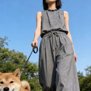 Grey Linen-Blend Sleeveless Top & Wide Leg Pants Set