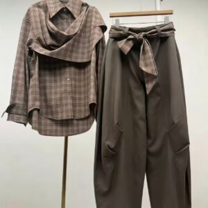 Women's Brown Check Draped Shirt & High Waisted Tapered Pants Co-ord Set