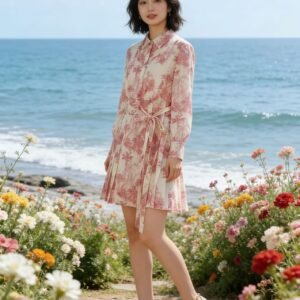 Orange-Red Toile de Jouy Print Pleated Shirt Dress