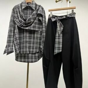 Women's Black & White Check Draped Shirt & High Waisted Tapered Pants Co-ord Set