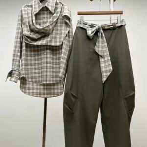 Women's Sustainable Check Shirt & Olive Green Tapered Pants Co-ord Set