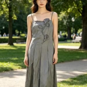 Women& Lady’s Grey Cotton-Linen Slip Maxi Dress with Fabric Rose Appliqués