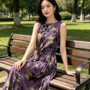Women's Purple Floral Silk Pleated Midi Dress
