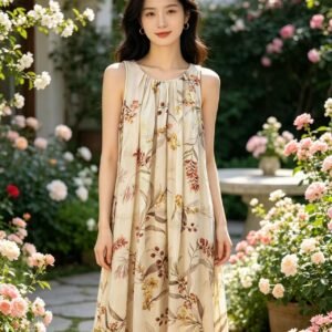 Women's 100% Linen Sleeveless Maxi Dress, Vintage Botanical Print A-Line Casual Summer Sundress