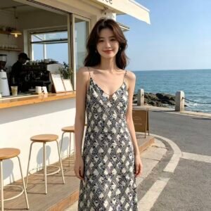Women’s Retro Floral Lattice Print Acetate Slip Midi Dress