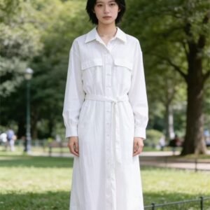 Women’s White Cotton-Nylon Blend Belted Shirt Midi Dress