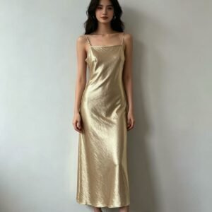 Silk Midi Slip Dress with Pearl Straps, Elegant Gold Evening Gown