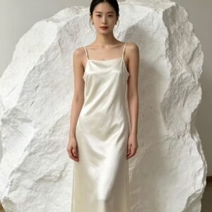 Lady Elegant Ivory Pure Silk Spaghetti Strap Midi Slip Dress