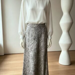 Women Silver Silk Skirt Midi Length Metallic Textured Party Skirt High Waisted Elegant Skirt