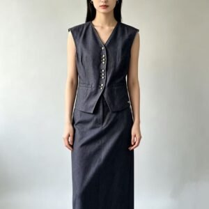 Lady Two-Piece Tencel Denim Look Vest & Midi Skirt Set
