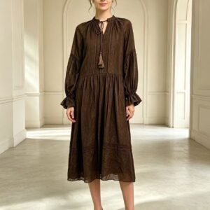 Bohemian Dark Brown Midi Dress for Women