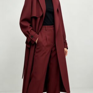 Women Burgundy Oversized Long Trench Coat