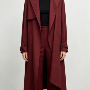 Wine Red Long Trench Coat & Wide Leg Suit Pants Set