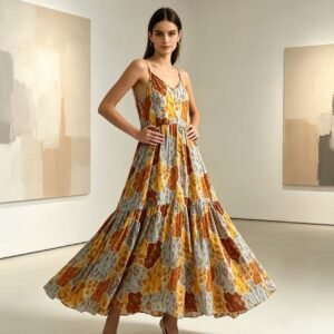 Vintage Art Collage Printed Spaghetti Strap Maxi Dress, Flowy Tiered Bohemian Summer Dress for Women