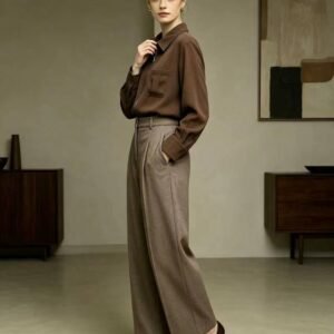 Taupe Brown Bamboo Viscose Wide Leg Pants | Office Tailored Trousers