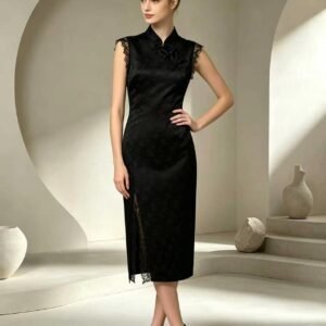 Quiet Luxury Woven Women’s Apparel: Black Jacquard Modern Qipao Midi Dress