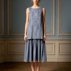 Women's Sleeveless Geometric Jacquard Illusion Layer Midi Dress